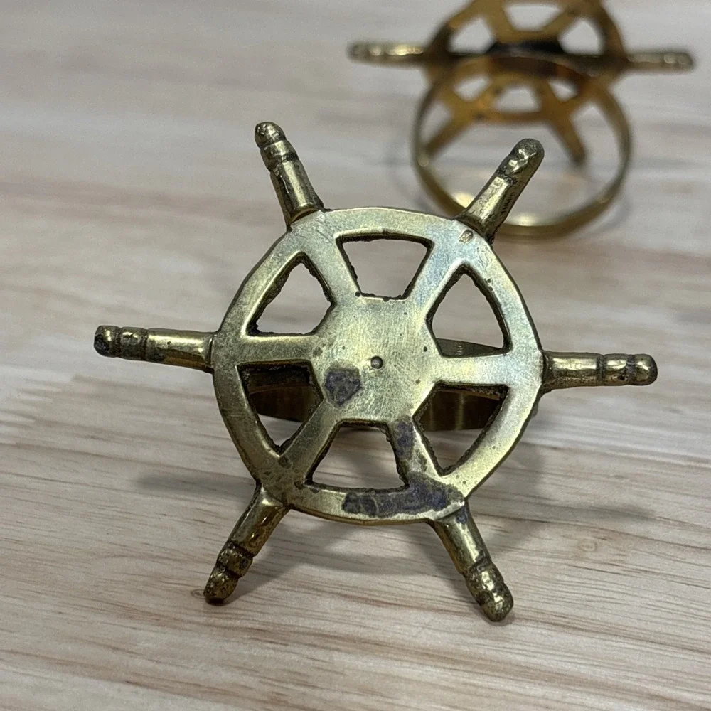 6 Brass Metal Ship Wheel Napkin Rings Nautical Decorative Table Decor Gold Tone